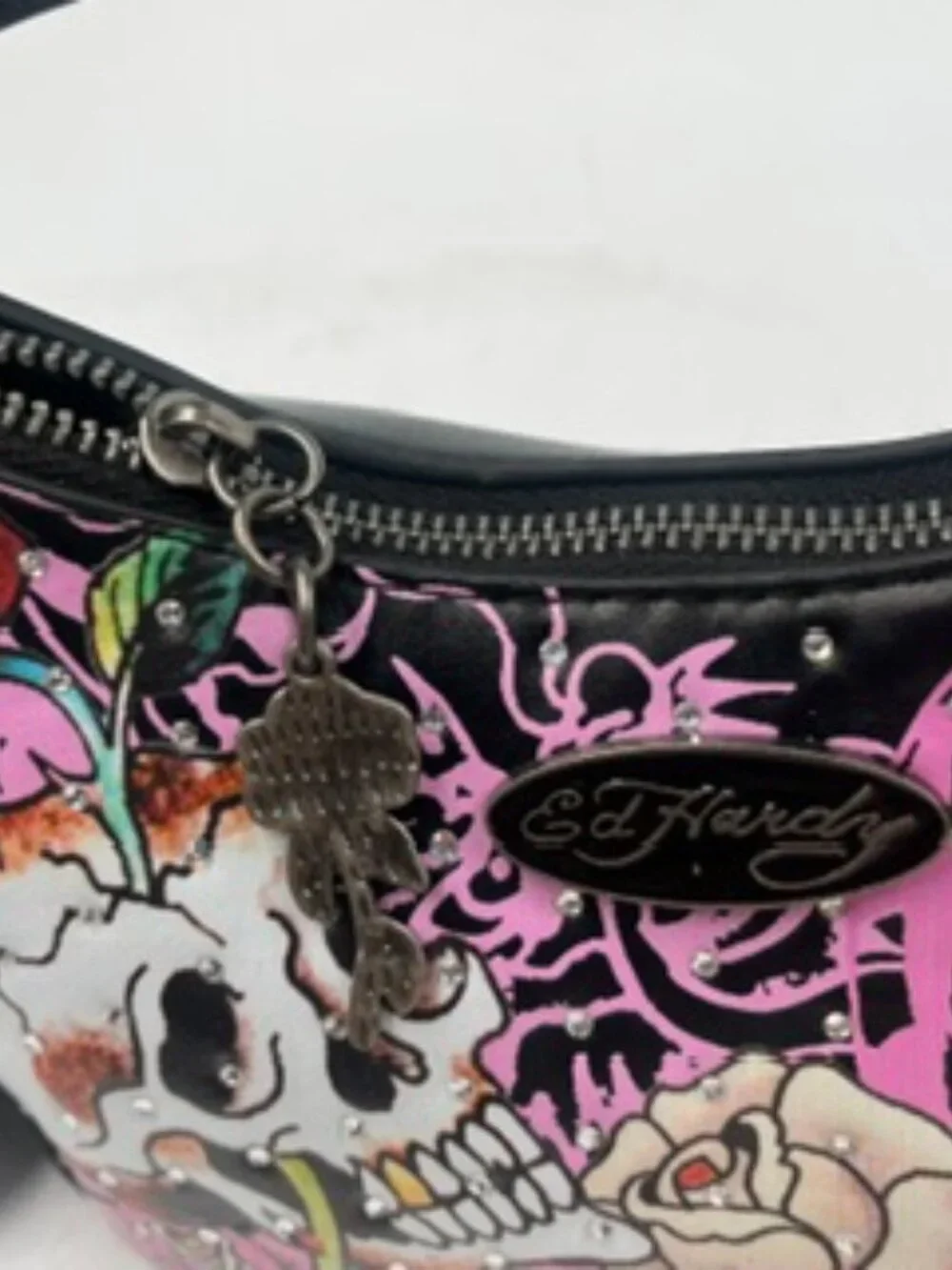 NEW Ed Hardy Crescent Hobo Bag Skull Rose Pink and Black tattoo Print Y2K Purse